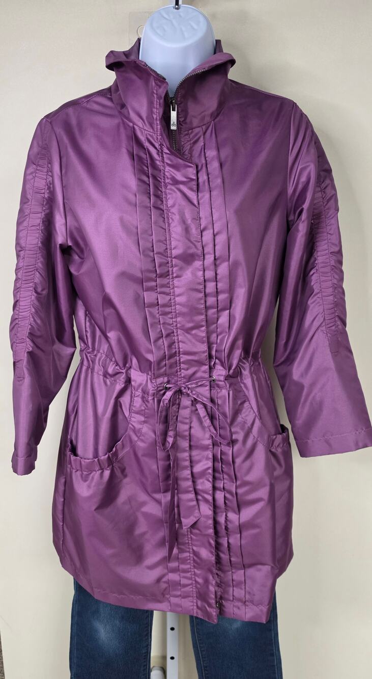 Dennis Basso XS Purple Satin Trench Coat Cinched Waist Y2K Ruched Jacket
